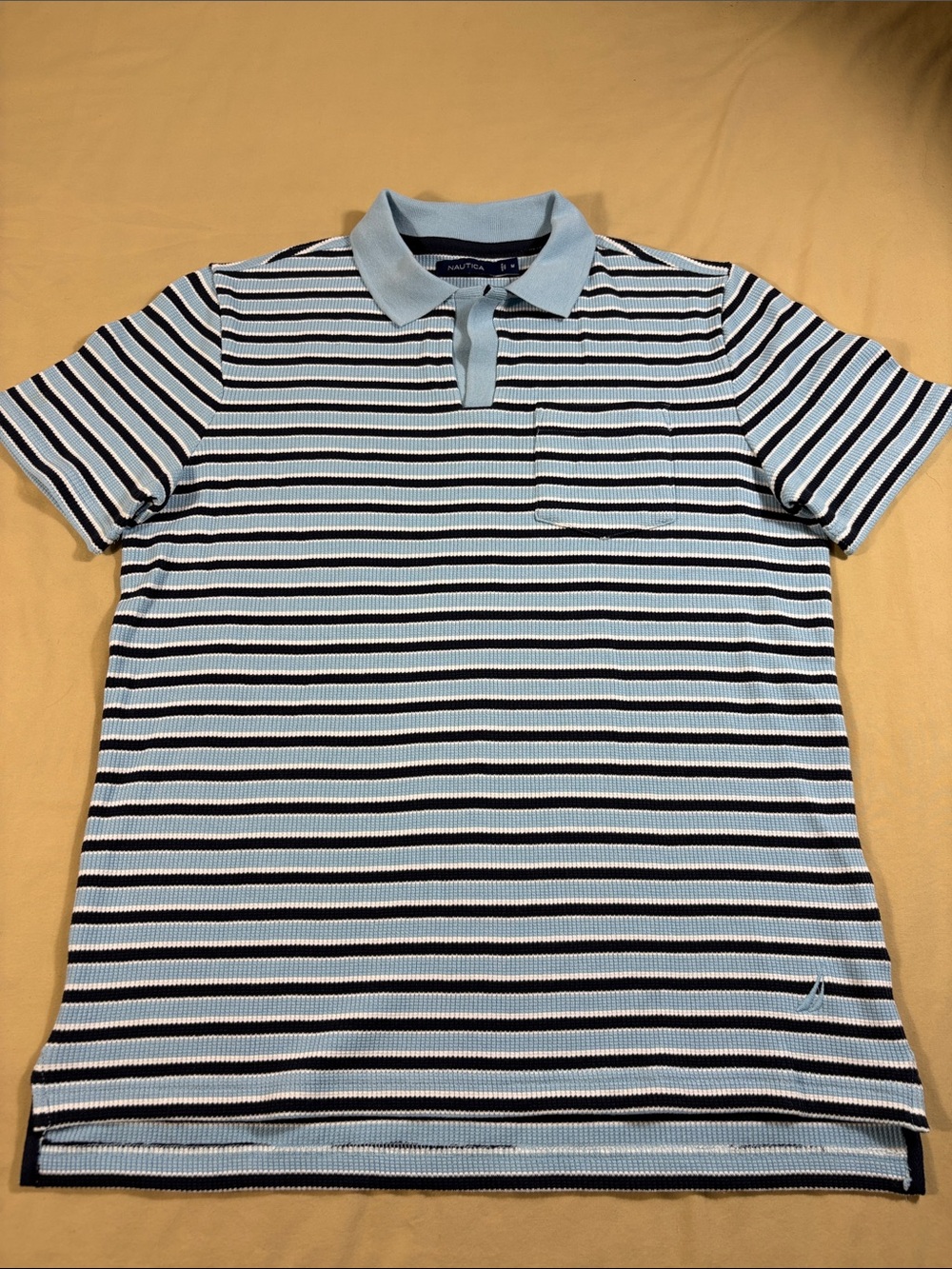Nautica Men Medium Sky Blue Striped Waffle Knit Polo Shirt NWT Short Sleeve New